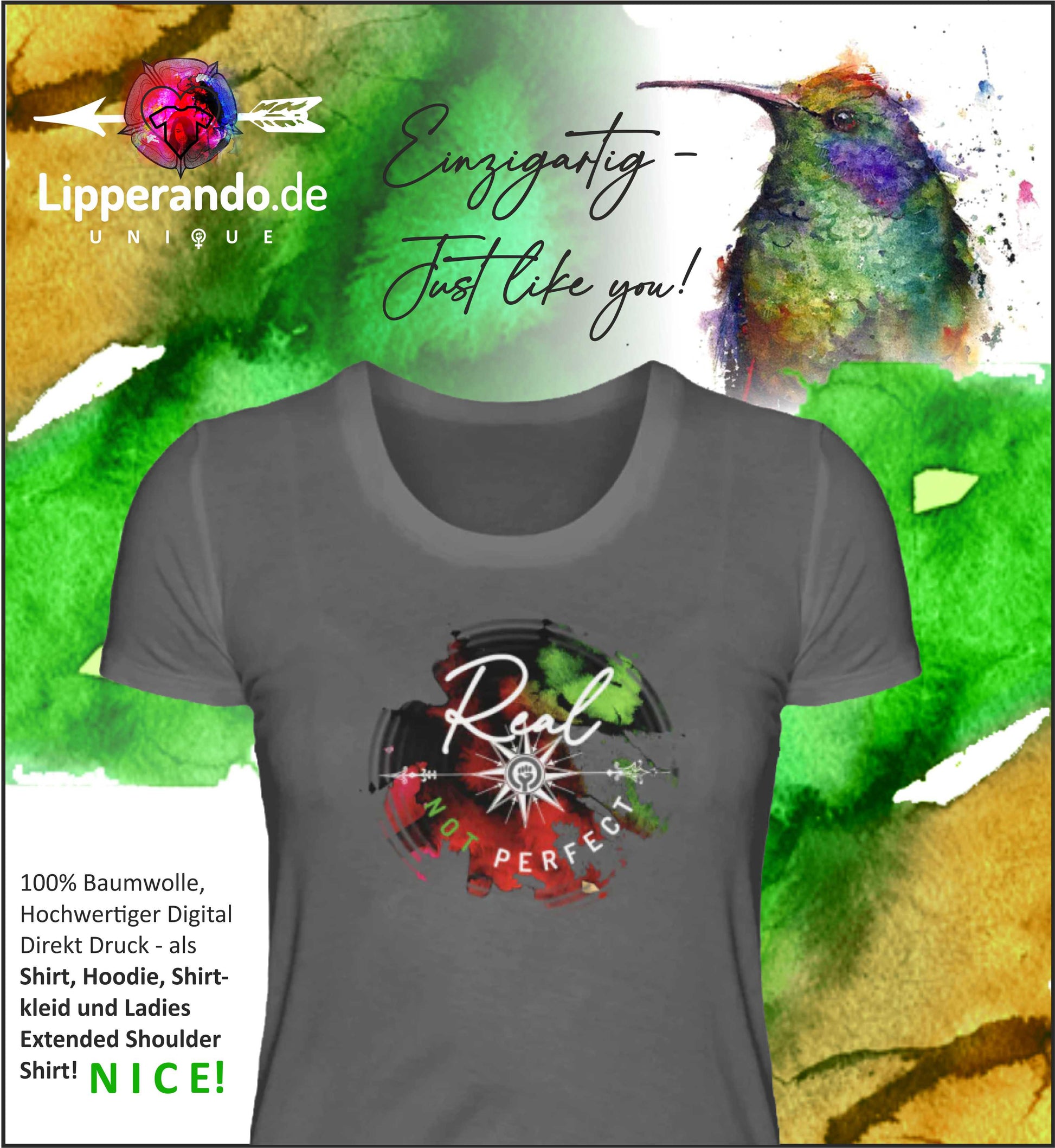 LIPPERANDO UNIQUE - REAL not PERFECT  - Ladies Extended Shoulder Tee
